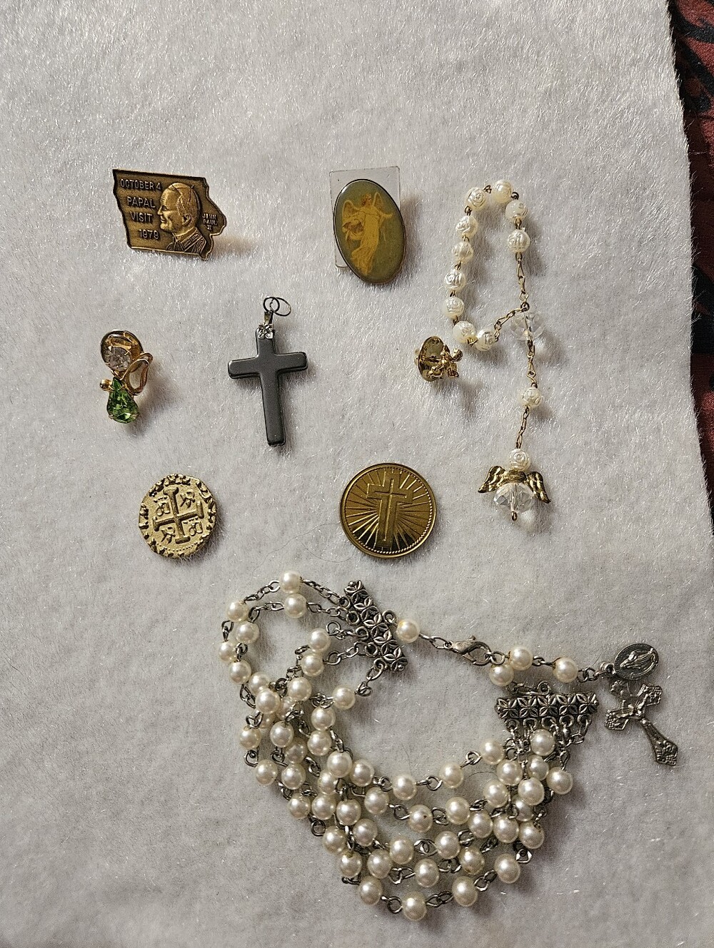 Religious Lot Including Pins, Coin, Pendant,Braclet And Small Rosary